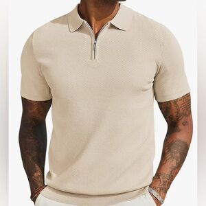 Zara Neutral Cream Short-Sleeve Zip Polo